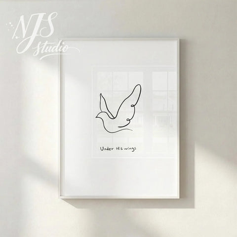 Minimal white framed line art bird illustration with “Under His Wings” text, styled on bright neutral wall for peaceful Christian home decor.